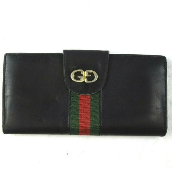 Gucci Handbags - Gucci Vintage Black Leather Checkbook Long Wallet